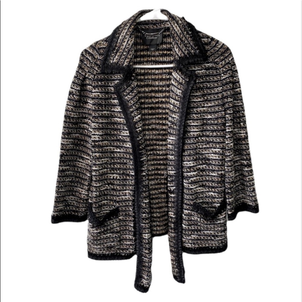 St John Couture Gold Black White Knit Open Jacket Ruby Stone Pocket Jewel